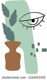 Dibujo manual de ilustraciones vectoriales abstractas de jarrón floral, ojos de doodle de línea, hojas y otros elementos gráficos