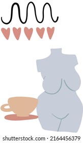 Dibujo manual de ilustraciones vectoriales abstractas de escultura del cuerpo de la mujer, taza de té, café, líneas, corazones y otros elementos gráficos