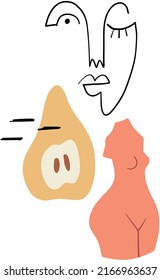 Hand drawn abstract vector illustration of woman body sculpture, one line art face, pear summer juicy fruit and other graphic elements