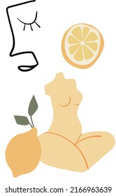 Hand drawn abstract vector illustration of woman body sculpture, one line art face, yellow color lemon summer juicy fruit and other graphic elements