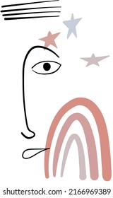 Hand drawn abstract vector illustration of line art face, black lines, stars, rainbow and other graphic elements
