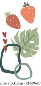 Hand drawn abstract vector illustration of strawberry juicy fruits, exotic tropical green leaf, red hearts and other graphic elements