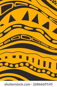 Ilustración vectorial abstracta dibujada a mano con líneas onduladas, patrones geométricos y texturas de estilo tribal en negro y amarillo para fondos.