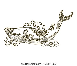 Hand Drawn abstract vector illustration isolated design element.
Zentangle stylized Sea Shark and Whale.  Sketch for tattoo design or makhenda. Sea art collection.