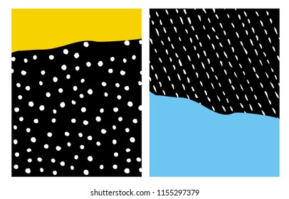 Hand Drawn Abstract Vector Layouts. Irregular Infantile Design.White Dots on a Black Surface with a Yellow Background Fragment. White Lines Running Diagonally. Blue Background Fragment.