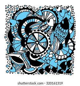 Hand drawn abstract vector ornament. Blue, white, black color. Doodle Illustration Design Element