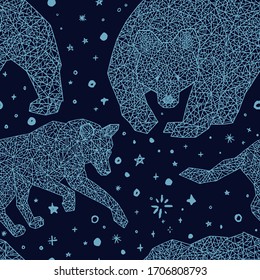 Hand drawn abstract vector seamless pattern. Background of geometric wild animals and stars. Wolf, bear in polygonal style. Colored bright wallpaper in boho style. For design print, wrapping, fabric.