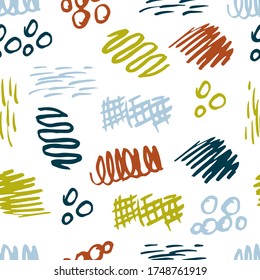 Handgezeichnet abstrakte Vektorgrafik nahtlos Muster. Blau-grüne Punkte, Flecken, Kreide, Doodles, braune Schlaganfälle auf weißem Hintergrund. Für Drucke von Textilien, Verpackungen.