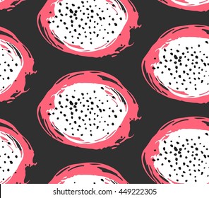 Hand drawn abstract vector seamless pattern of tropical exotic fruit pitaya.Dragon fruit pitahaya illustration.Bright desert abstract drawing.Tropical vegeterian food on black background