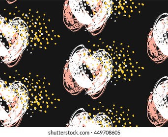 Hand drawn abstract vector seamless pattern of ink brush painting hearts with glitter.Pastel,black and white colors.Heart vector textured shape.Love background for wedding,valentines day,textile