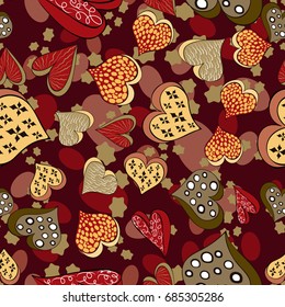 Hand drawn Abstract Vector Seamless Pattern made of colorful  hearts.Can be used for wallpaper, web page background,surface textures and design template,pattern fills,wedding invitations, posters.