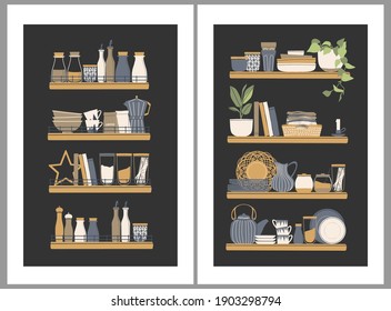 Hand drawn abstract vector set of kitchen illustrations. Kitchen tools, kitchenware, shelves. Kitchen poster