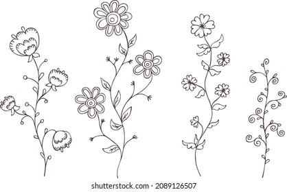 Hand drawn abstract vector set of plants, flowers, herbs. Isolated. Close-up. Eps spring floral vintage art, outline silhouette on transparent background. Template for t shirt, textile, package, label