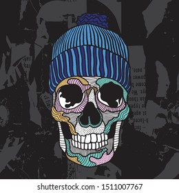 Hand drawn abstract vector skull with beret and abstract seamless pattern vector background 