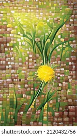 hand drawn abstract vector spring flowers dandelions. Yellow buds against the background of green young grass. Juicy warm summer colors of joy and fun. Oil painting stylization.