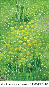 hand drawn abstract vector spring flowers dandelions. Yellow buds against the background of green young grass. Juicy warm summer colors of joy and fun. Oil painting stylization.
