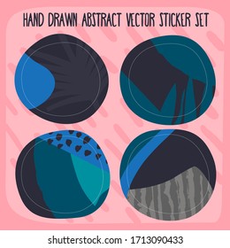 Hand drawn abstract vector sticker set with 4 different abstract grunge designs, patterns and texture and white frame for text inside. Label for print, collage, textile, digital banner, package