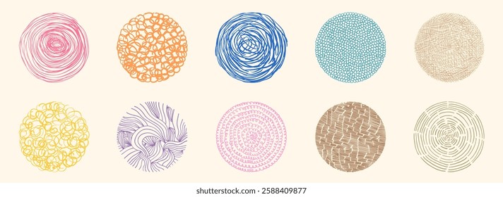 Hand drawn abstract vector texture circles with lines, dots and scribbles for graphic design - painted grunge geometric shapes