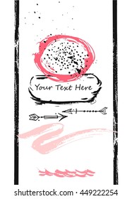 Hand drawn abstract vector tropical exotic fruit pitaya card template in pastel colors with place for your text and graphic arrows.Brush textured painting strokes. Dragon fruit pitahaya illustration.