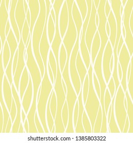  Hand drawn abstract vertical wavy doodle lines. Seamless vector mesh pattern on yellow backdrop. Irregular woven lattice background. Weave line art l loop repeat. Parallel wavy line art design