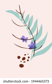 Hand drawn abstract wall art, vector minimalistic boho ink painting style, botanical images of thopical leaf, flower, transparent spot in green blue marine color palette, white background