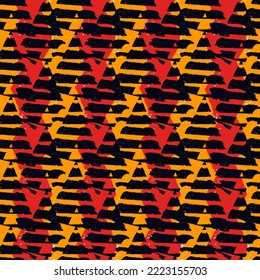Hand drawn abstract wallpaper. Paint brush lines and triangles seamless pattern. Hatches and triangle shapes background. Strokes and arrows image. Fabric motif. Ethnic textile print. Vector artwork.