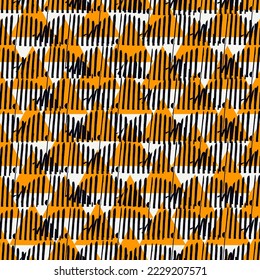 Hand drawn abstract wallpaper. Paint brush lines and triangles seamless pattern. Hatches and triangle shapes background. Strokes and arrows image. Fabric motif. Ethnic textile print. Vector artwork.