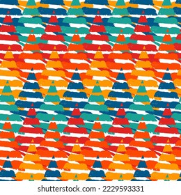 Hand drawn abstract wallpaper. Paint brush lines and triangles seamless pattern. Hatches and triangle shapes background. Strokes and arrows image. Fabric motif. Ethnic textile print. Vector work