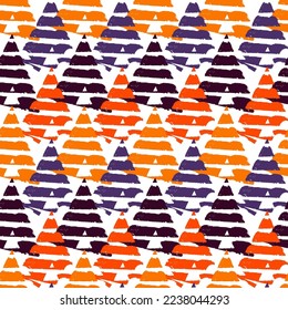 Hand drawn abstract wallpaper. Paint brush lines and triangles seamless pattern. Hatches and triangle shapes background. Strokes and arrows image. Fabric motif. Ethnic textile print. Vector work.