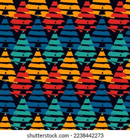 Hand drawn abstract wallpaper. Paint brush lines and triangles seamless pattern. Hatches and triangle shapes background. Strokes and arrows image. Fabric motif. Ethnic textile print. Vector artwork