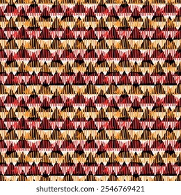 Hand drawn abstract wallpaper. Paint brush lines and triangles seamless pattern. Hatches and triangle shapes background. Strokes and arrows image. Fabric motif. Ethnic textile print. Vector artwork.