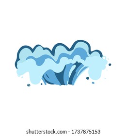 Hand drawn abstract water splash shape in flat cartoon style - blue splatter wave coming forward with dynamic motion. Isolated vector illustration on white background.