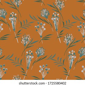 Hand Drawn Abstract Watercolor Lavender Floral Branches and Leaves Repeating Vector Pattern Isolated Background