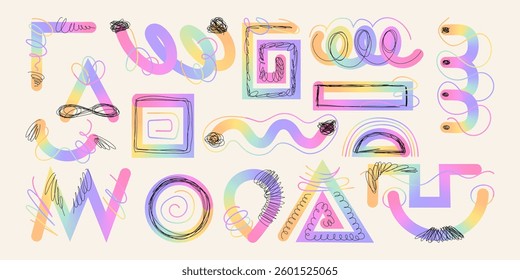 Hand Drawn Abstract Wavy Lines and Scribble Futuristic Sketches with Vibrant Colors. Playful geometric fluid organic shapes isolated. Trendy colorful freehand line doodles.