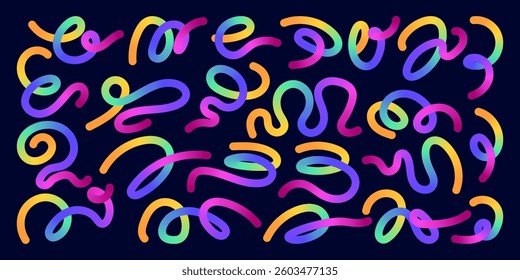 Hand Drawn Abstract Wavy Lines and Scribble Futuristic Sketches with Vibrant Colors on a Black Background. Playful geometric fluid organic shapes isolated. Trendy colorful freehand line doodles.