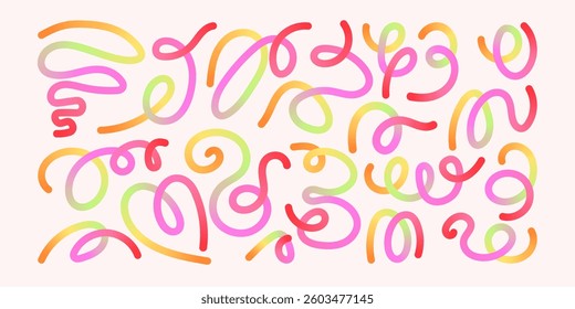 Hand Drawn Abstract Wavy Lines and Scribble Futuristic Sketches with Vibrant Summer Colors. Playful geometric fluid organic shapes isolated. Trendy colorful freehand line doodles.