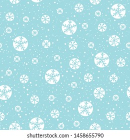Hand drawn abstract white Christmas snowflakes on ice blue background vector seamless pattern. Winter Holiday Scandinavian Nordic Festive Print. Morning Snowfall. Hygge