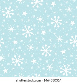 Hand drawn abstract white Christmas snowflakes on ice blue background vector seamless pattern. Winter Holiday Festive Print. Morning Snowfall. Nordic Hygge