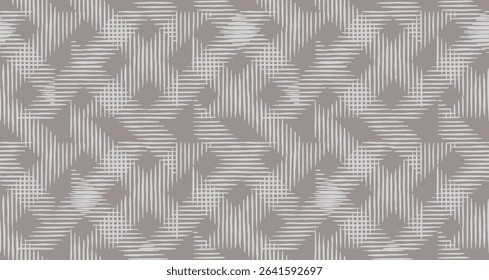 Hand drawn abstract white criss-cross grid dashed lines seamless pattern, Japanese and ethnic wood carving, basketry, interwoven texture background, minimal graphic for textile, decoration, carpet