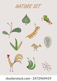 Hand drawn abstract wildflowers and leaves flat icons set. Floral design with ornaments. Color isolated illustrations