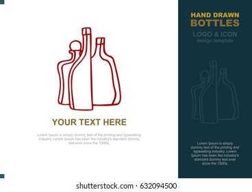 Hand drawn abstract wine bottles.
Wine bottles logo, icon and background template.
