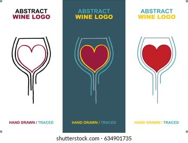 Hand drawn abstract wine love vector logo, icon and brochure design set.
Wine glass, red wine and two hearts.
Wine theme design template