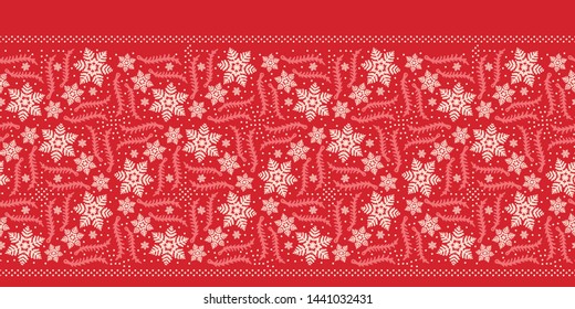 Hand drawn abstract winter snowflake border pattern. Stylish crystal stars. Red ecru monochrome background. Elegant holiday ribbon trim. Festive gift wrap washi tape yule illustration. Seamless vector