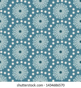 Hand drawn abstract winter snowflakes pattern. Stylish crystal stars on green background. Elegant simple holiday all over print. Festive gift wrapping paper yule illustration. Seamless vector swatch.

