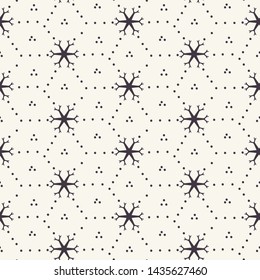 Hand drawn abstract winter snowflakes pattern. Stylish crystal stars. White ecru background. Elegant simple holiday all over print. Festive gift wrap paper yule illustration. Seamless vector swatch