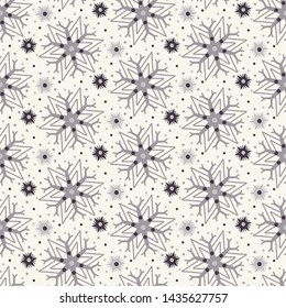 Hand drawn abstract winter snowflakes pattern. Stylish crystal stars. White ecru background. Elegant simple holiday all over print. Festive gift wrap paper yule illustration. Seamless vector swatch 
