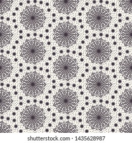 Hand drawn abstract winter snowflakes pattern. Stylish crystal stars. White ecru background. Elegant simple holiday all over print. Festive gift wrap paper yule illustration. Seamless vector swatch 