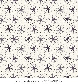 Hand drawn abstract winter snowflakes pattern. Stylish crystal stars. White ecru background. Elegant simple holiday all over print. Festive gift wrap paper yule illustration. Seamless vector swatch 