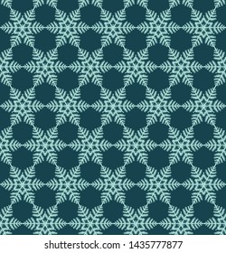 Hand drawn abstract winter snowflakes pattern. Stylish crystal stars on green background. Elegant simple holiday all over print. Festive gift wrapping paper yule illustration. Seamless vector swatch.