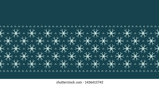 Hand drawn abstract winter snowflakes border pattern. Stylish crystal stars on green background. Elegant simple holiday banner ribbon. Festive gift wrap washi tape yule illustration. Seamless vector 
